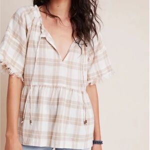 PILCRO Anthropologie Bette Babydoll Plaid Top Tan Neutral L